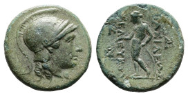 Seleukid. Seleukos II Kallinikos, 246-225 BC. AE (Bronze, 17.8 mm, 4.05 g.). Helmeted head of Athena right. Rev. ΒΑΣΙΛΕΩΣ ΣΕΛΕΥΚΟΥ, Apollo standing le...