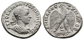 Gordian III, AD 242-244. Antioch. Silver Tetradrachm (25 mm, 12.60 g.). AYTOK K M ANT ΓΟΡΔIANOC CEB, laureate, draped and cuirassed bust of Gordian to...