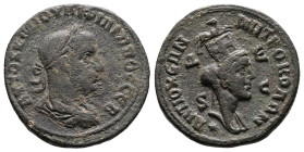 Philip I, AD 247. Antioch. Bronze (29 mm, 15.88 g.). AYTOK K M IOYΛI ΦΙΛΙΠΠOC CEB, laureate, draped and cuirassed bust of Philip I to right, seen from...