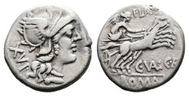 C.Valerius C.f. Flaccus, 140 BC. Rome. Silver Denarius (17 mm, 3.88 g). Helmeted head of Roma to right, XVI behind head. Rev. FLAC above, Victory in g...