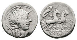 Cn Porcius Cato, 123 BC. Rome. Silver Denarius (19 mm, 3.81 g.). Helmeted head of Roma to right, X behind head. Rev. Victory in galloping biga right. ...