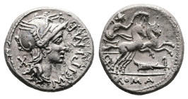 M. Cipius, 115-114 BC. Rome. Silver Denarius (18 mm. 3.80 g.). Helmeted head of Roma to right, X behind head, M. CIPI. M. F. before. Rev. Victory, hol...