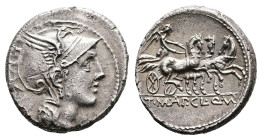 Appius Claudius Pulcher, T Manlius Mancinus and Q Urbinus, 111-110 BC. Rome. Silver Denarius (18 mm. 3,92 g.). Helmeted head of Roma to right. Rev. Vi...