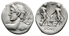 Lucius Caesius, 112-111 BC. Rome. Silver Denarius (19 mm. 3.67 g.). PA behind heroic bust of Vejovis to left, seen from behind, hurling a thunderbolt....