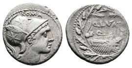 Q. Lutatius Cerco, 109-108 BC. Rome. Silver Denarius (19 mm. 3.59 g.). ROMA CERCO above and before head of Roma to right (here partly off flan), weari...