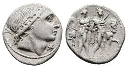 L. Memmius, 109-108 BC. Rome. Silver Denarius (19 mm, 3.80 g.). Young male head right, wearing oak-wreath; barred X (value mark) beneath chin. Rev. Th...