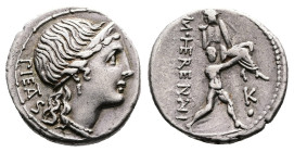 M. Herennius, 108-107 BC. Rome. Silver Denarius (17 mm, 3.79 g.). PIETAS, laureate head of Pietas to right. Rev. M HERENNI, Amphinomus carrying his fa...