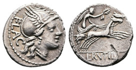 L Rutilius Flaccus, 77 BC. Rome. Silver Denarius (18 mm, 3.48 g.). FLAC, helmeted head of Roma to right. Rev. Victory, holding wreath, in biga gallopi...