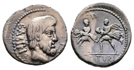 L. Titurius L.f. Sabinus, 89 BC. Rome. Silver Denarius (20 mm. 3.7 g.). SABIN, bare head of Tatius to right, TA in right field. Rev. Two Roman soldier...