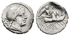 C Naevius Balbus. 79 BC. Rome. Silver Serrate Denarius (17 mm, 3.08 g.). SC behind diademed head of Venus to right. Rev. Victory, holding reins, in tr...