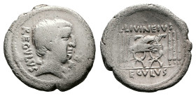 L. Livineius Regulus, 42 BC. Rome. Silver Denarius (20 mm, 3.93 g.). REGVLVS P R, bare head of the praetor L. Livineius Regulus to right. Rev. LIVINNV...