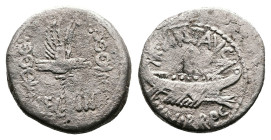 Mark Antony, 32-31 BC. Military mint, Patrae (?). Silver Denarius (16 mm, 2.85 g.). ANT AVG III VIR R P C, praetorian galley. Rev. LEG III, legionary ...