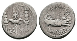 Mark Antony, 32-31 BC. Military mint, Patrae (?). Silver Denarius (17 mm, 3.34 g.). ANT AVG III VIR R P C, praetorian galley. Rev. LEG V, legionary ea...