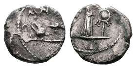 Mark Antony, 32-31 BC. Uncertain mint. Silver Quinarius. (12.5 mm, 1.42 g.). M ANT IMP above lituus, jug and a raven standing left. Rev. Victory stand...