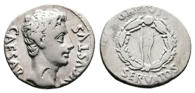 Augustus, 19-18 BC. Caesaraugusta. Silver Denarius ( 18 mm, 3.75 g.). CAESAR AVG...