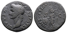 Augustus, Restoration issue struck under Titus. AD 80-81. Rome. Bronze Dupondius (26 mm, 12.01 g.). DIVVS AVGVSTVS PATER, radiate head of Augustus to ...