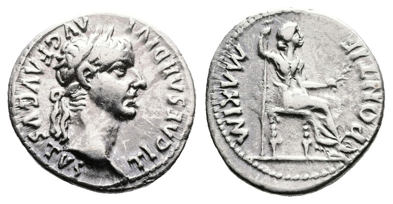 Tiberius, AD 14-37. Lyons. Silver Denarius (19 mm. 3.68 g.). TI CAESAR DIVI AVG ...