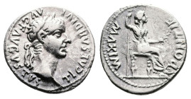 Tiberius, AD 14-37. Lyons. Silver Denarius (19 mm. 3.68 g.). TI CAESAR DIVI AVG F AVGVSTVS, laureate head of Tiberius to right. Rev. PONTIF MAXIM, Liv...