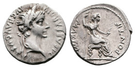 Tiberius, AD 14-37. Lyons. Silver Denarius (18 mm, 3.64 g.). TI CAESAR DIVI AVG F AVGVSTVS, laureate head of Tiberius to right. Rev. PONTIF MAXIM, Liv...