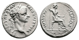 Tiberius, AD 14-37. Lyons. Silver Denarius (18 mm, 3.49 g.). TI CAESAR DIVI AVG F AVGVSTVS, laureate head of Tiberius to right. Rev. PONTIF MAXIM, Liv...