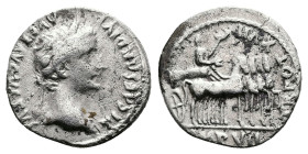 Tiberius, AD 14-37. Lyons. Silver Denarius. (18 mm, 3.65 g.). TI CAESAR DIVI AVG F AVGVSTVS, laureate head of Tiberius to right. Rev. TR POT XVII IMP ...