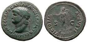 Nero, AD 65. Lyons. Bronze Dupondius. NERO CLAVD CAESAR AVG GER PM TR P IMP PP, laureate head of Nero to left, small globe at point of bust. Rev. VICT...