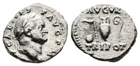 Vespasian, AD 71. Rome. Silver Denarius (18 mm, 3.27 g.). IMP CAES VESP AVG PM, laureate head of Vespasian to right. Rev. AVGVR TRI POT above and bene...