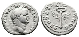 Vespasian, AD 73-74. Rome. Silver Denarius (20 mm, 3.12 g.). IMP CAESAR VESPASIANVS AVG, laureate head of Vespasian to right. Rev. PON MAX TR P COS V,...