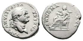 Vespasian, AD 77-78. Rome. Silver Denarius. (18 mm, 3.39 g.). CAESAR VESPASIANVS AVG, laureate head of Vespasian to right. Rev. ANNONA AVG, Annona sea...