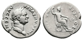 Vespasian, AD 73. Rome. Silver Denarius (20 mm, 3.38 g.). IMP CAES VESP AVG CENS, laureate head of Vespasian to right. Rev. PONTIF MAXIM, Vespasian se...