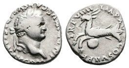 Titus, AD 79. Rome. Silver Denarius (17 mm, 3.20 g.). IMP TITVS CAES VESPASIAN AVG P M, laureate head of Titus to right. Rev. TR P VIIII IMP XIIII COS...