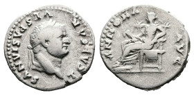 Titus, AD 77-78. Rome. Silver Denarius (17 mm. 3.28 g.). Struck under Vespasian. T CAESAR VESPASIANVS, laureate head of Titus to right. Rev. ANNONA AV...