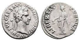 Nerva, AD 96-98. Rome. Silver Denarius (18 mm, 3.47 g.). IMP NERVA CAES AVG P M TR P II COS III P P, laureate head of Nerva to right. Rev. LIBERTAS PV...