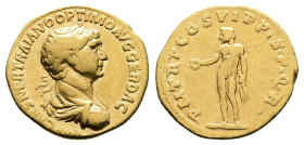 Trajan, AD 114-117. Rome. Gold Aureus (20 mm, 7.15 g.). IMP CAES NER TRAIANO OPTIMO AVG GER DAC, laureate and draped bust of Trajan to right. Rev. P M...