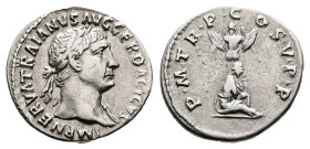 Trajan, AD 103. Rome. Silver Denarius (18 mm, 3.48 g.). IMP NERVA TRAIANVS AVG GER DACICVS, laureate head of Trajan to right, slight drapery on left s...
