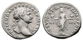 Trajan, AD 112-114. Rome. Silver Denarius (19 mm, 3.22 g.). IMP TRAIANO AVG GER DAC P M TR P, laureate head of Trajan to right, slight drapery on left...