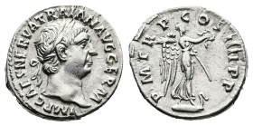 Trajan, AD 102-103. Rome. Silver Denarius. (29 mm. 3.36 g.). IMP CAES NERVA TRAIAN AVG GERM, laureate head of Trajan to right. Rev. PM TR P COS IIII P...