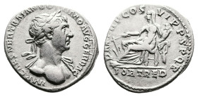 Trajan, AD 114-117. Rome. Silver Denarius (19 mm. 3.24 g.). IMP CAES NER TRAIANO OPTIMO AVG GERM DAC, laureate head of Trajan to right, draped left sh...