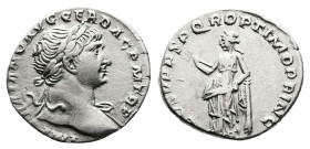 Trajan, AD 103-111. Rome. Silver Denarius (17,5 mm, 3.01 g.). IMP TRAIANO AVG GER DAC P M TR P, laureate head of Trajan to right, draped left shoulder...