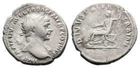 Trajan, AD 112-114. Rome. Silver Denarius (20 mm, 3.38 g.). IMP TRAIANVS AVG GER DAC P M TR P COS VI P P, laureate head of Trajan to right, slight dra...