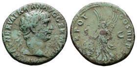 Trajan, AD 101-102. Rome. Bronze As (27 mm, 9.91 g.). IMP CAES NERVA TRAIAN AVG GERM P M, laureate head of Trajan to right. Rev. TR POT COS IIII P P, ...