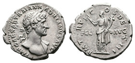 Hadrian, AD 118. Rome. Silver Denarius (20 mm, 3.23 g.). IMP CAESAR TRAIAN HADRIANVS AVG, laureate, heroic bust of Hadrian to right, draped left shoul...