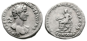Hadrian, AD 117. Rome. Silver Denarius (19 mm, 3.01 g.). IMP CAES TRAIAN HADRIANO AVG DIVI TRA, laureate, heroic bust of Hadrian to right, draped left...