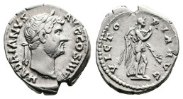 Hadrian, AD 134-138. Rome. Silver Denarius (18 mm, 3.44 g.). HADRIANVS AVG COS III P P, laureate head of Hadrian to right. Rev. VICTORIA AVG, Victory ...