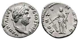 Hadrian, AD 134-138. Rome. Silver Denarius. HADRIANVS AVG COS III P P, laureate head of Hadrian to right. Rev. FORTVNA AVG, Fortuna standing left, hol...