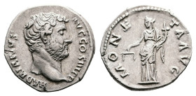 Hadrian, AD 134-138. Rome. Silver Denarius (18 mm, 3.01 g.). HADRIANVS AVG COS III P P, bare head of Hadrian to right. Rev. MONETA AVG, Moneta standin...