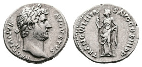 Hadrian, AD 129-130. Rome. Silver Denarius.(18 mm, 3.41 g.) HADRIANVS AVGVSTVS, laureate head of Hadrian to right. Rev. TRANQVILLITAS AVG COS III P P,...
