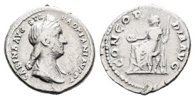Sabina, AD 136. Rome. Silver Denarius (18 mm, 3.37 g.). SABINA AVGVSTA, diademed and draped bust of Sabina to right. Rev. CONCORDIA AVG, Concordia sea...