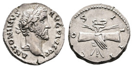 Antoninus Pius, AD 138-161. Rome. Silver Denarius (17 mm, 3.77 g.). ANTONINVS AVG PIVS PP, laureate head of Antoninus Pius to right. Rev. COS IIII, Cl...