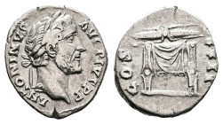 Antoninus Pius, AD 148-149. Rome. Silver Denarius (18 mm, 2.68 g.). ANTONINVS AVG PIVS P P, laureate head of Antoninus Pius to right. Rev. COS IIII, t...